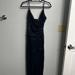 Navy Blue Sequined Prom Dress